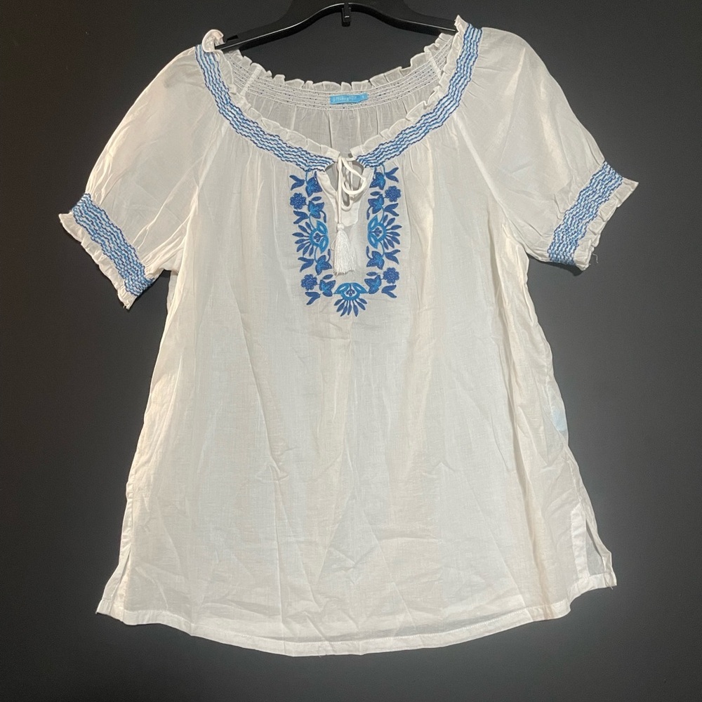 J. McLaughlin White Blouse with Blue Embroidery